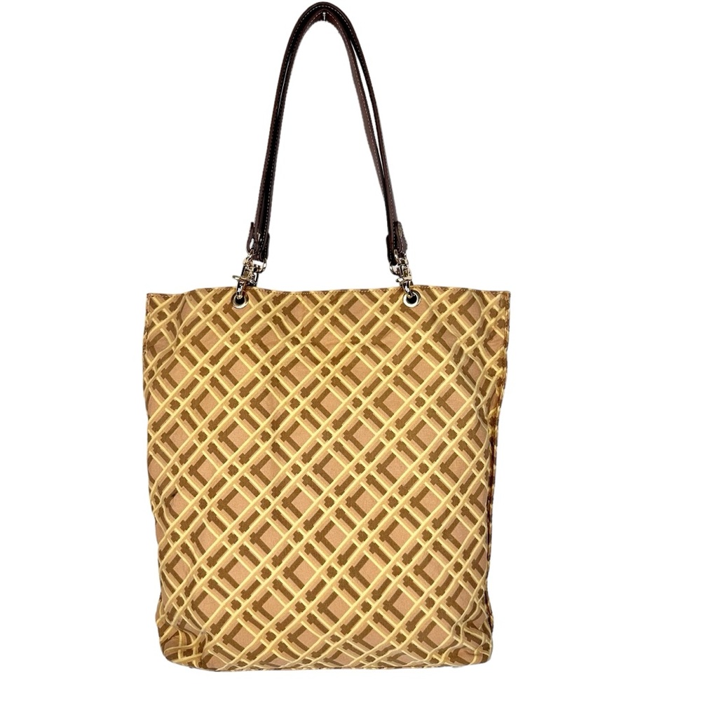 J. McLaughlin Basket Weave Print Tote Bag Mustard Yellow Tan Leather Trim Purse